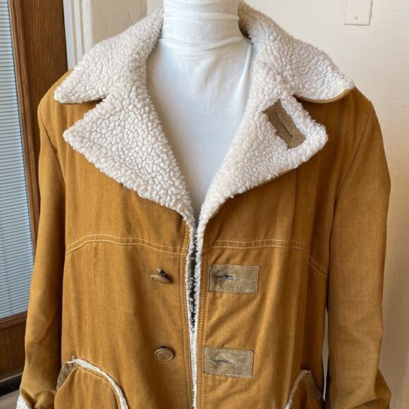 Vintage shearing lined men’s wood button jacket size M/L - Picture 2 of 12